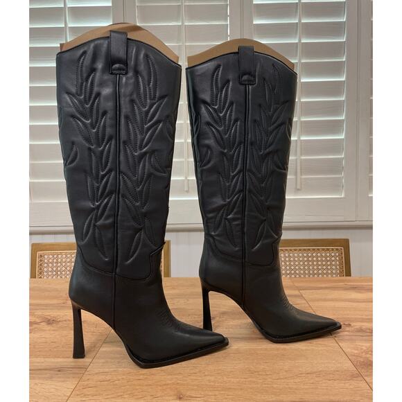 Steve Madden Kinzie Stiletto Western Tall Dress Boot Black Leather Size 7.5 NIB - Picture 2 of 16